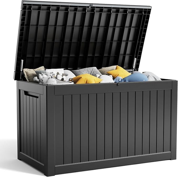 100 Gallon Resin Deck Box, Lockable Patio Outdoor Storage Box for Furniture, Garden Tools and Tools Storage, Waterproof Outside Storage Boxes - Black
