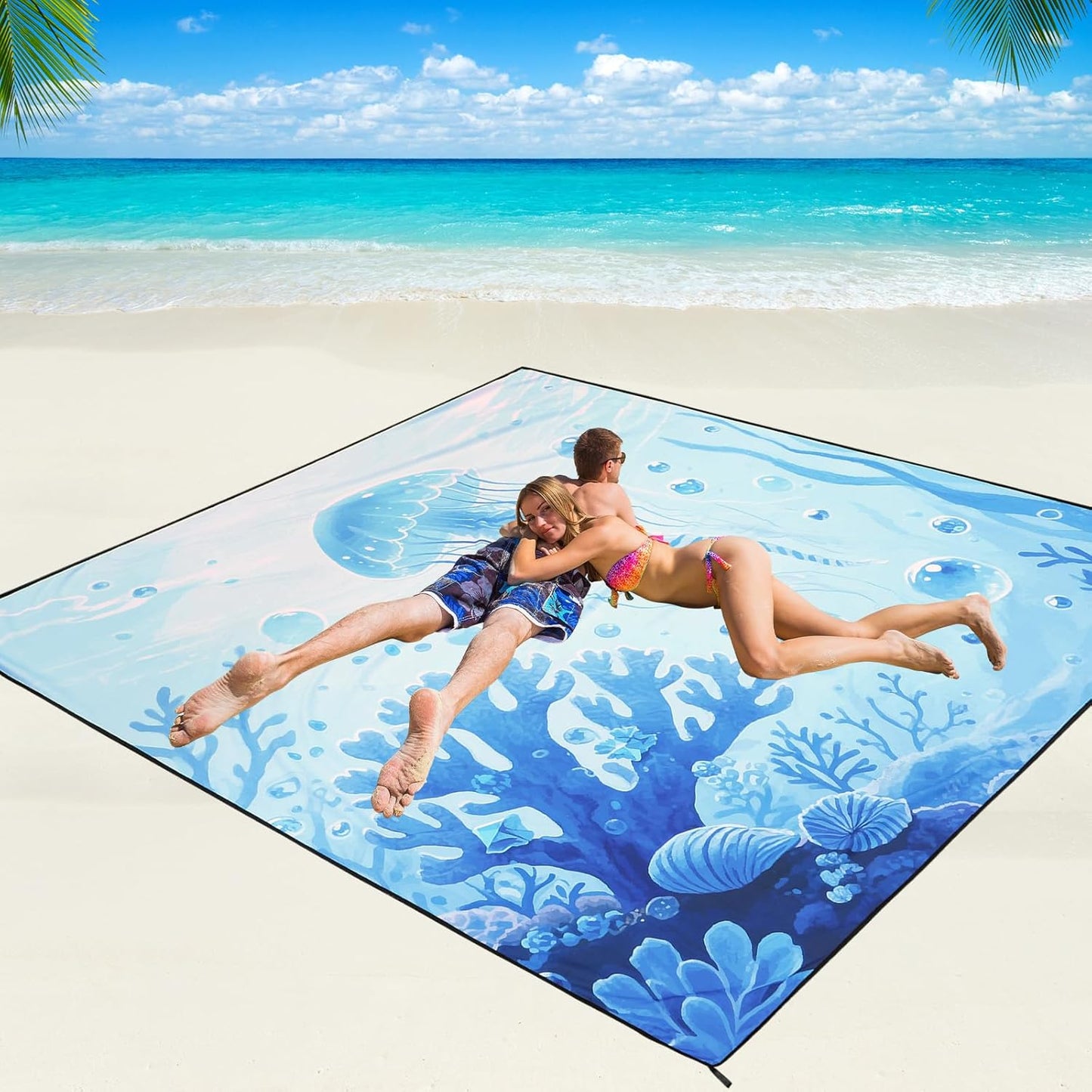 Beach Blanket Waterproof Sandproof Beach Mat 79" X 83"/10'x9'for 2-8 Adults Quick Drying Outdoor Picnic Mat Beach Accessories for Travel, Camping, Hiking