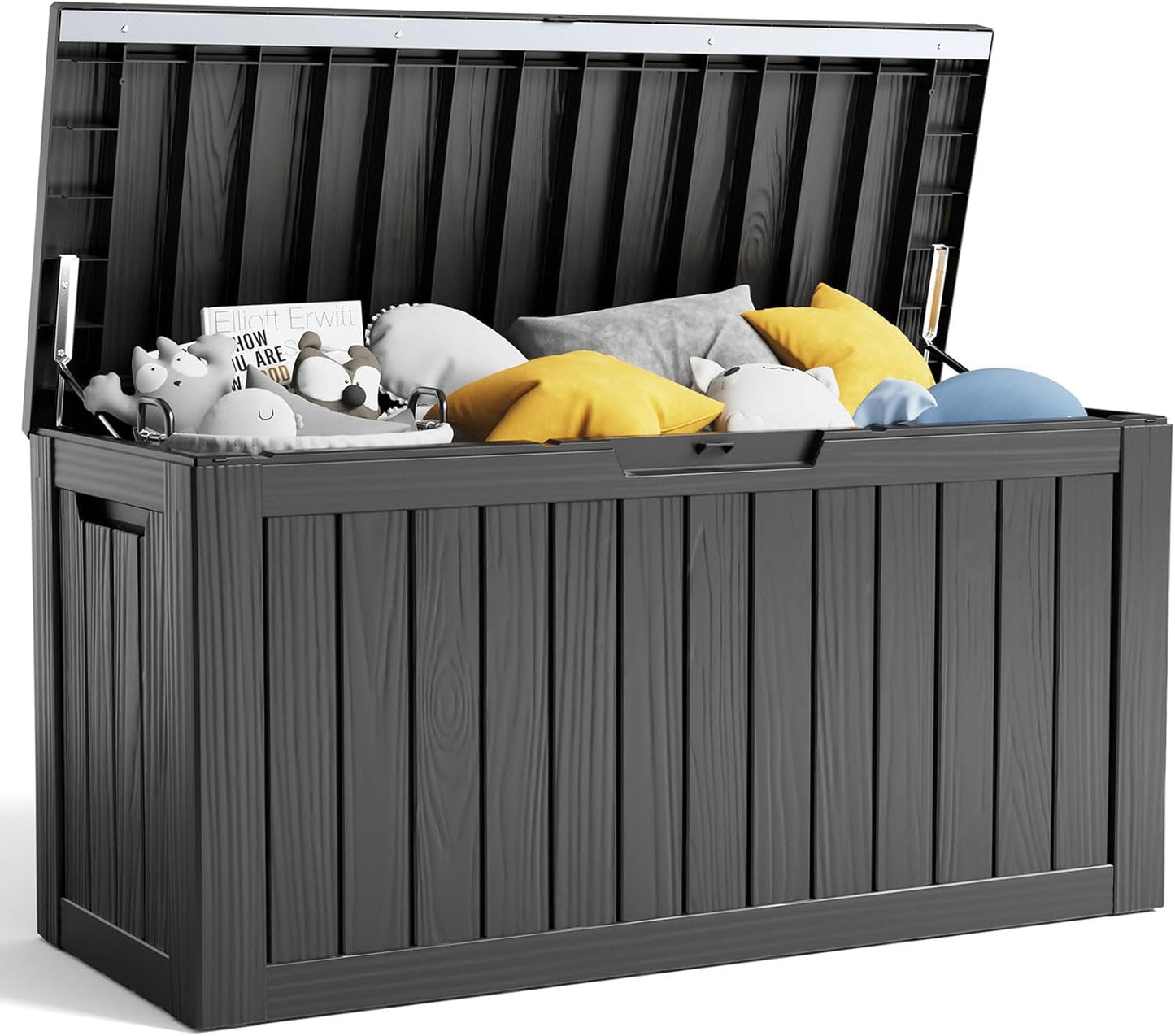 100 Gallon Resin Deck Box, Lockable Patio Outdoor Storage Box for Furniture, Garden Tools and Tools Storage, Waterproof Outside Storage Boxes - Black