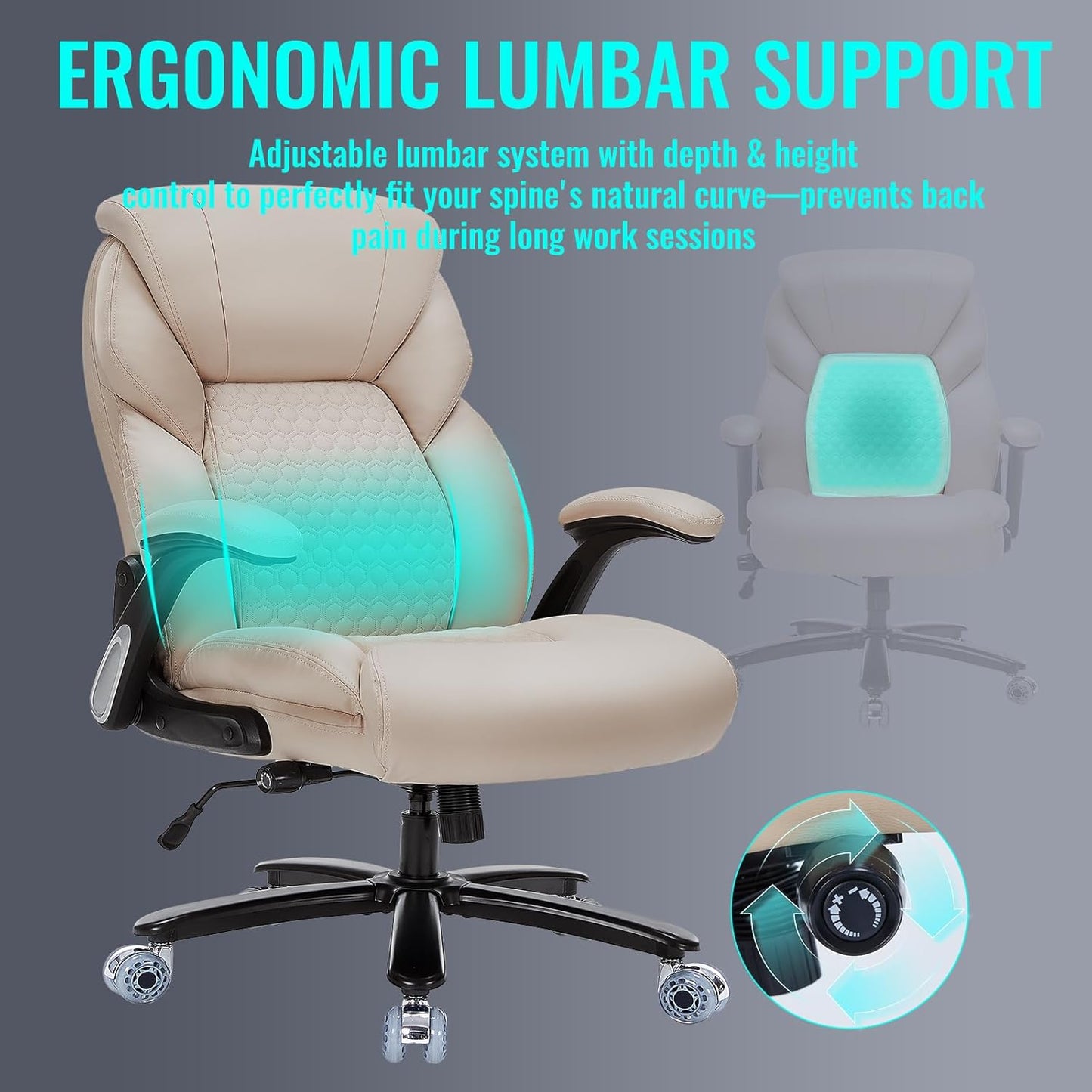Big and Tall Office Chair for Heavy People, 500LBS Heavy Duty Executive Office Chair with High Back, Extra Wide Computer Desk Chair with Adjustable Lumbar Support, Double Rubber Wheel Beige