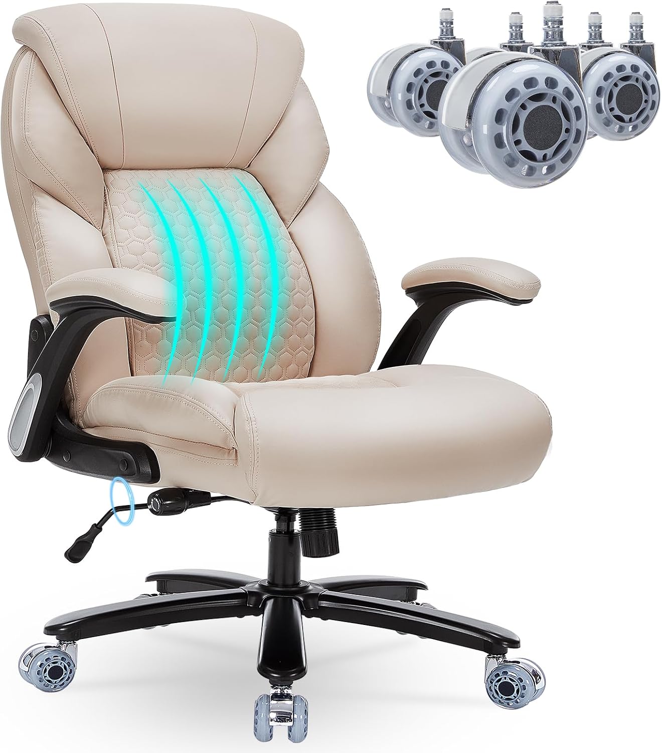 Big and Tall Office Chair for Heavy People, 500LBS Heavy Duty Executive Office Chair with High Back, Extra Wide Computer Desk Chair with Adjustable Lumbar Support, Double Rubber Wheel Beige