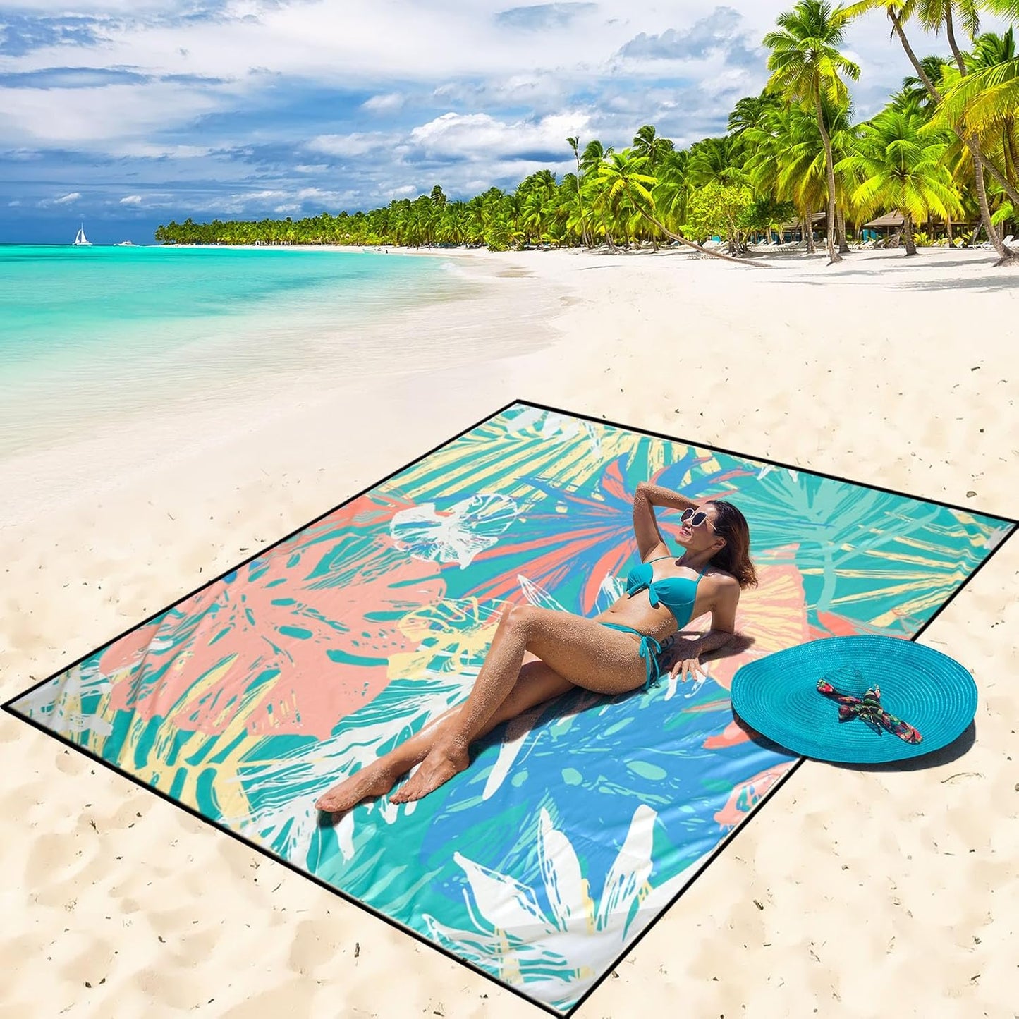 Beach Blanket Waterproof Sandproof Beach Mat 79" X 83"/10'x9'for 2-8 Adults Quick Drying Outdoor Picnic Mat Beach Accessories for Travel, Camping, Hiking