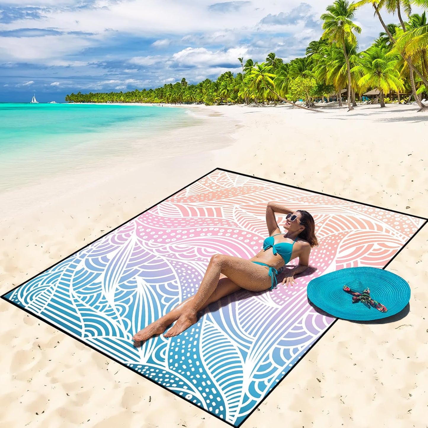 Beach Blanket Waterproof Sandproof Beach Mat 79" X 83"/10'x9'for 2-8 Adults Quick Drying Outdoor Picnic Mat Beach Accessories for Travel, Camping, Hiking