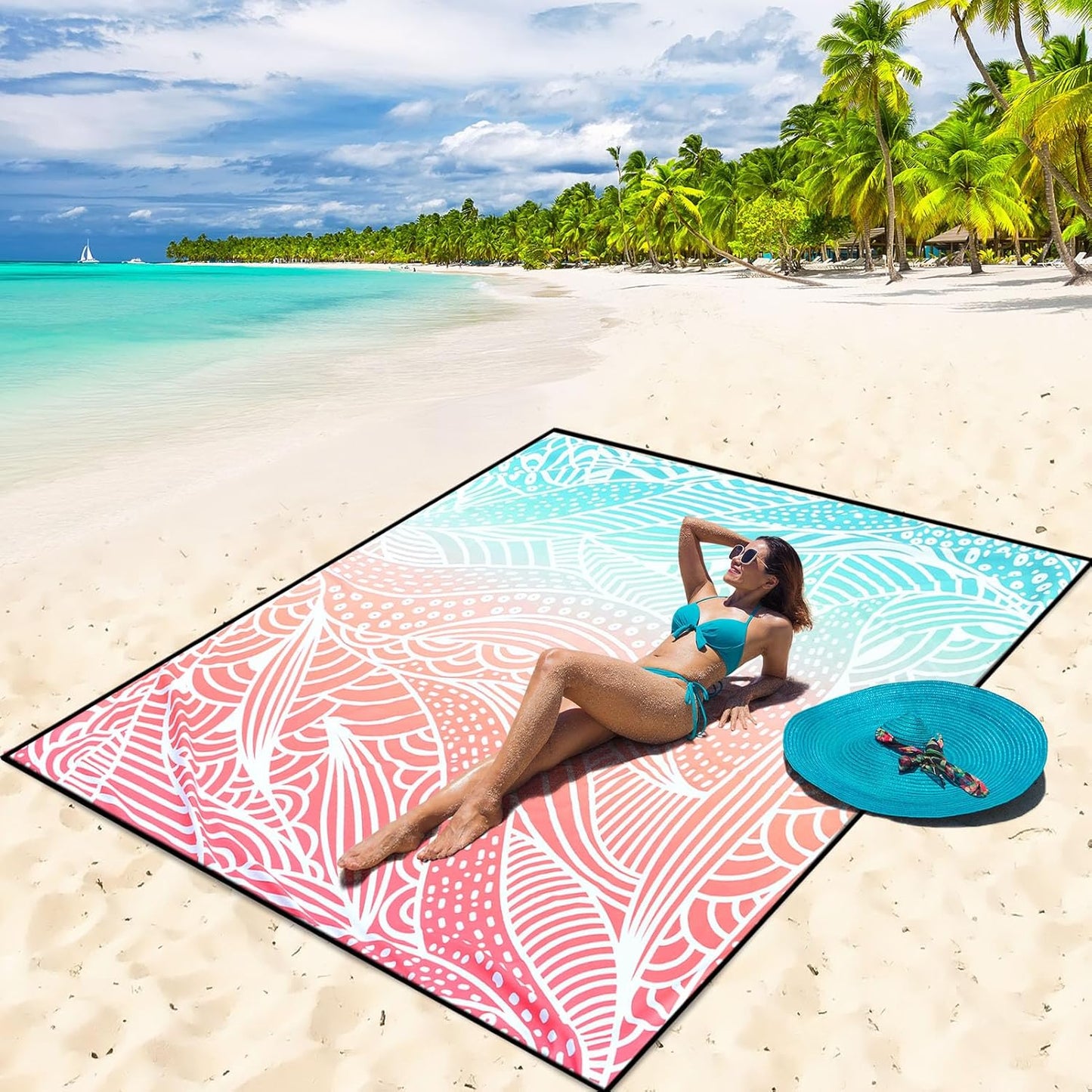Beach Blanket Waterproof Sandproof Beach Mat 79" X 83"/10'x9'for 2-8 Adults Quick Drying Outdoor Picnic Mat Beach Accessories for Travel, Camping, Hiking