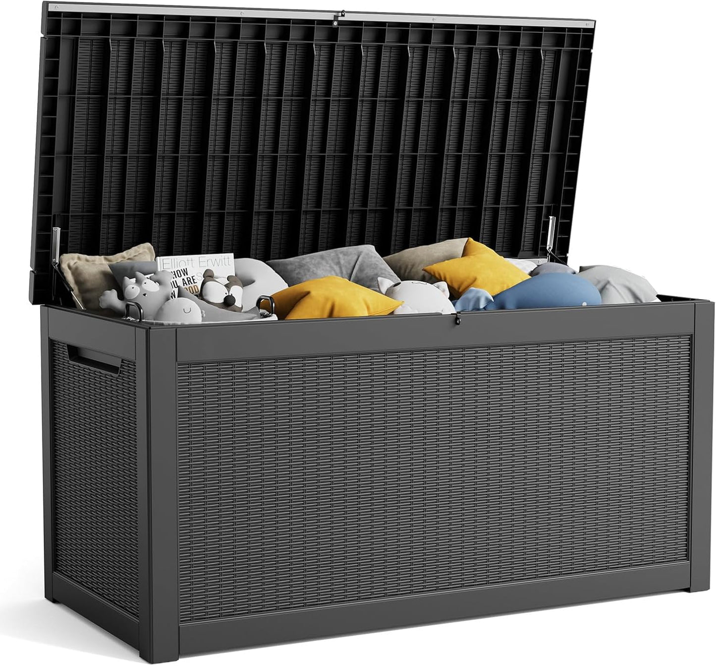 100 Gallon Resin Deck Box, Lockable Patio Outdoor Storage Box for Furniture, Garden Tools and Tools Storage, Waterproof Outside Storage Boxes - Black