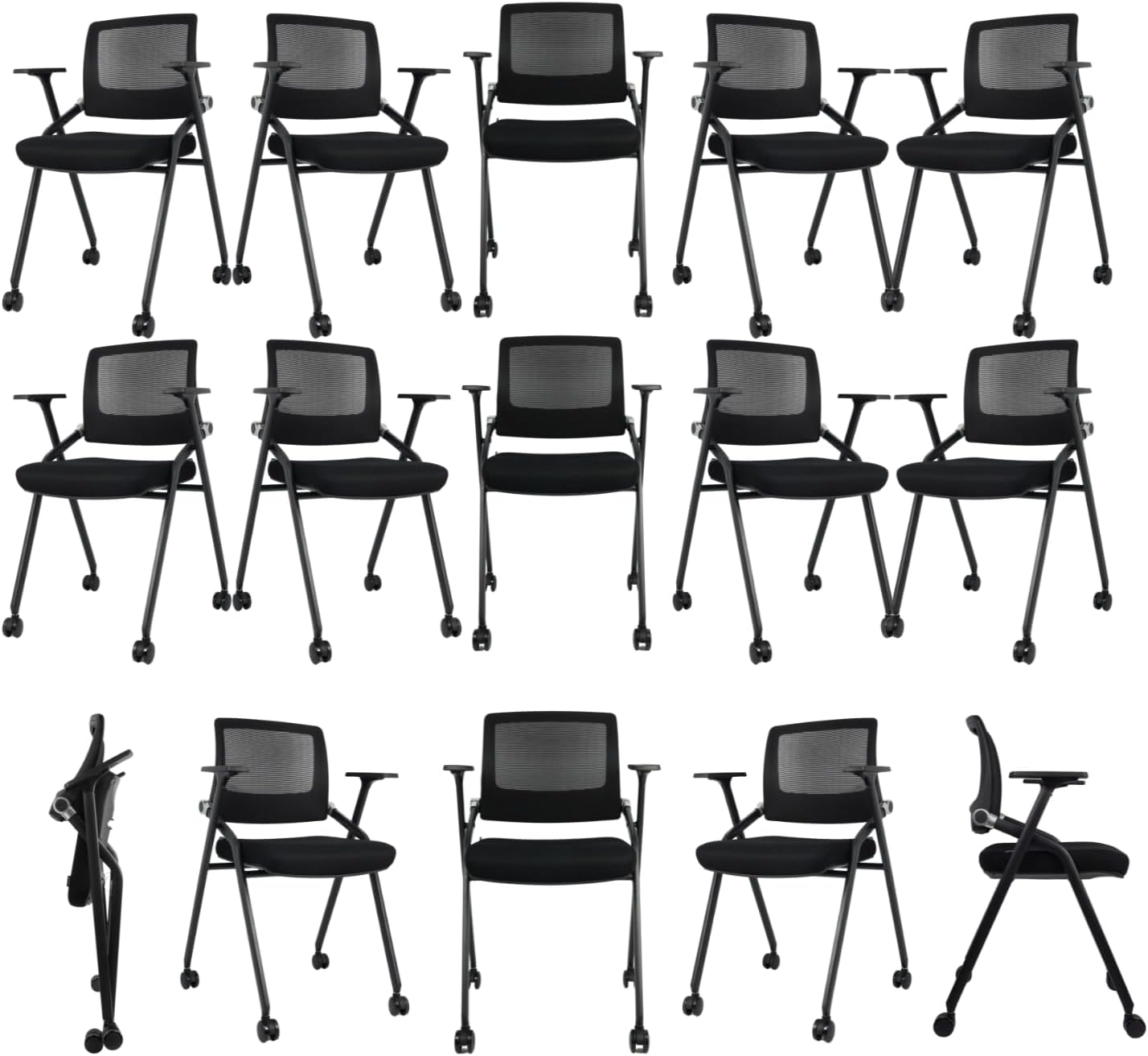 40 Pack, Foldable Office Chairs with Wheels, Mesh Back, Arms and Portable - Folding Office Chairs Stackable for Conference Room Chair, Office Guest & Reception & Meeting Chair - (Black) 300 lbs.