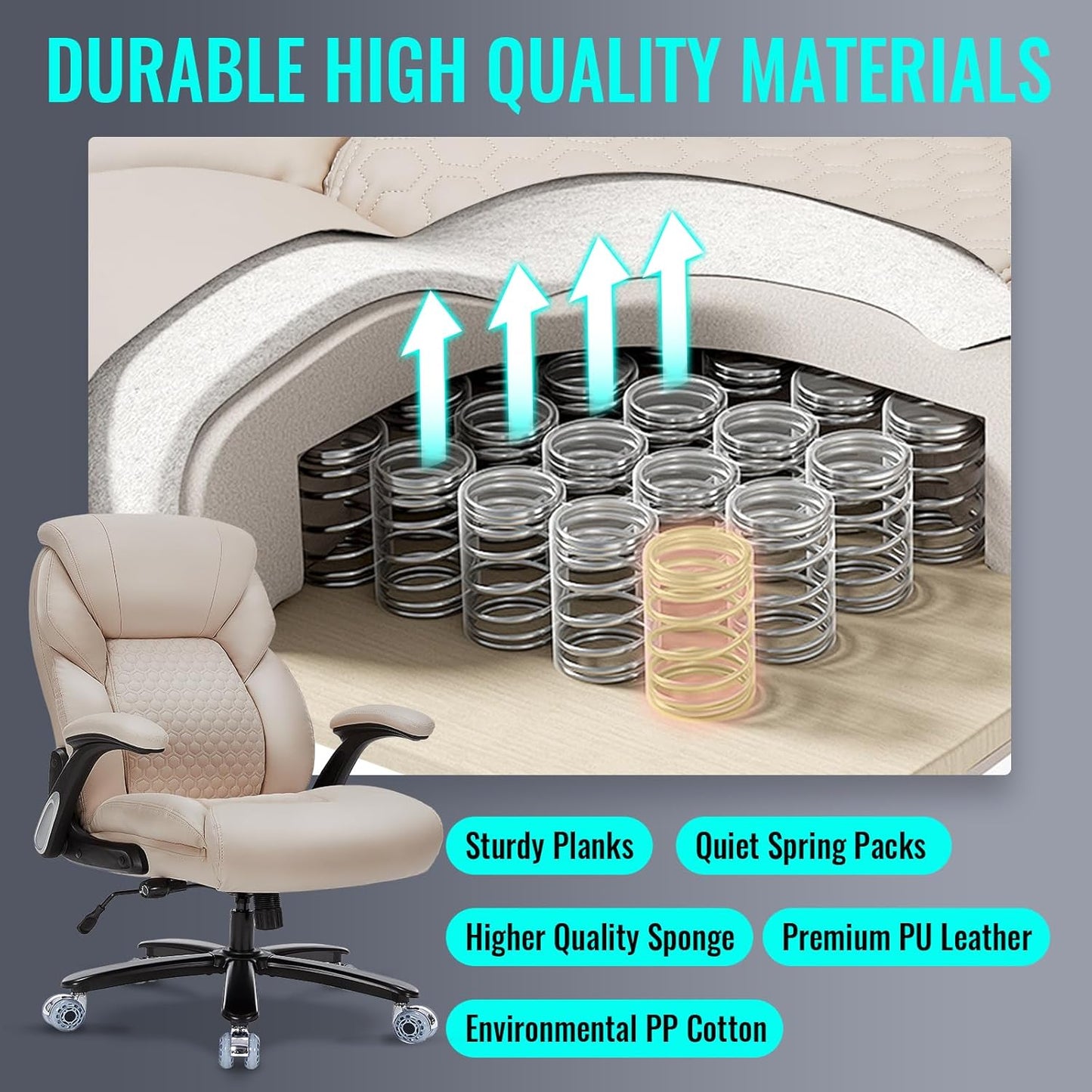 Big and Tall Office Chair for Heavy People, 500LBS Heavy Duty Executive Office Chair with High Back, Extra Wide Computer Desk Chair with Adjustable Lumbar Support, Double Rubber Wheel Beige