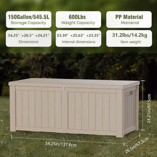 150 Gallon Deck Box,Outdoor Storage Box Lockable,Waterproof for Patio Furniture, Garden Tools, Pool Accessories, UV-Resistant for All Weather Use, Greige