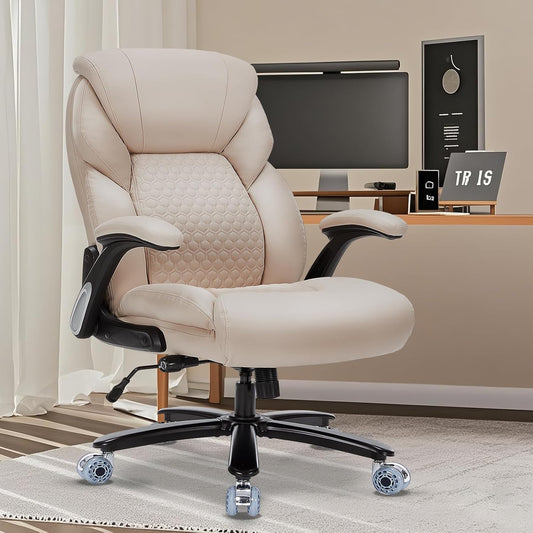 Big and Tall Office Chair for Heavy People, 500LBS Heavy Duty Executive Office Chair with High Back, Extra Wide Computer Desk Chair with Adjustable Lumbar Support, Double Rubber Wheel Beige