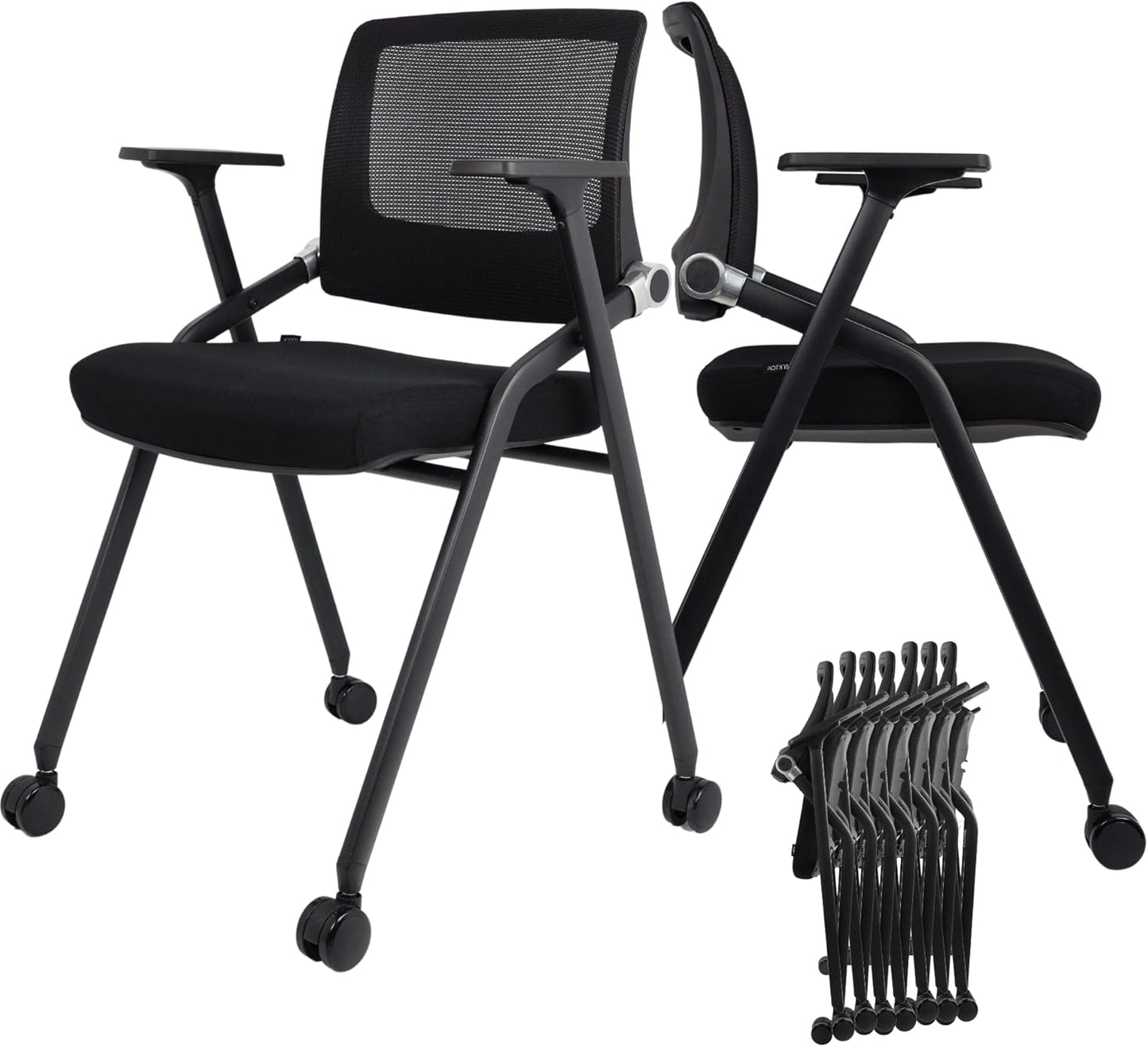 40 Pack, Foldable Office Chairs with Wheels, Mesh Back, Arms and Portable - Folding Office Chairs Stackable for Conference Room Chair, Office Guest & Reception & Meeting Chair - (Black) 300 lbs.