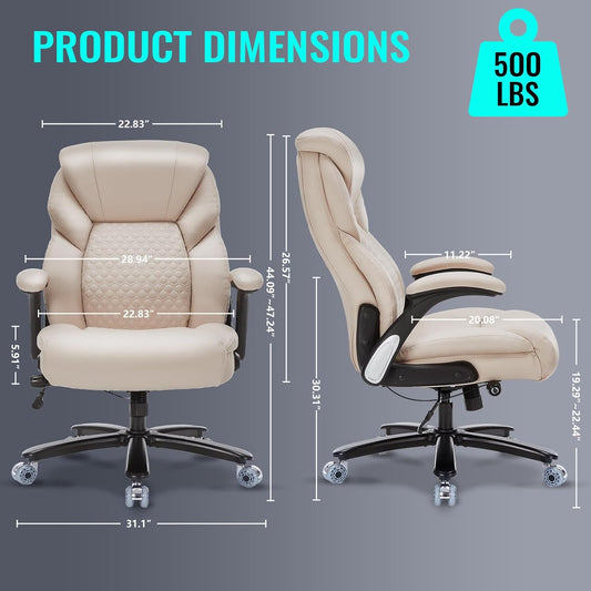 Big and Tall Office Chair for Heavy People, 500LBS Heavy Duty Executive Office Chair with High Back, Extra Wide Computer Desk Chair with Adjustable Lumbar Support, Double Rubber Wheel Beige