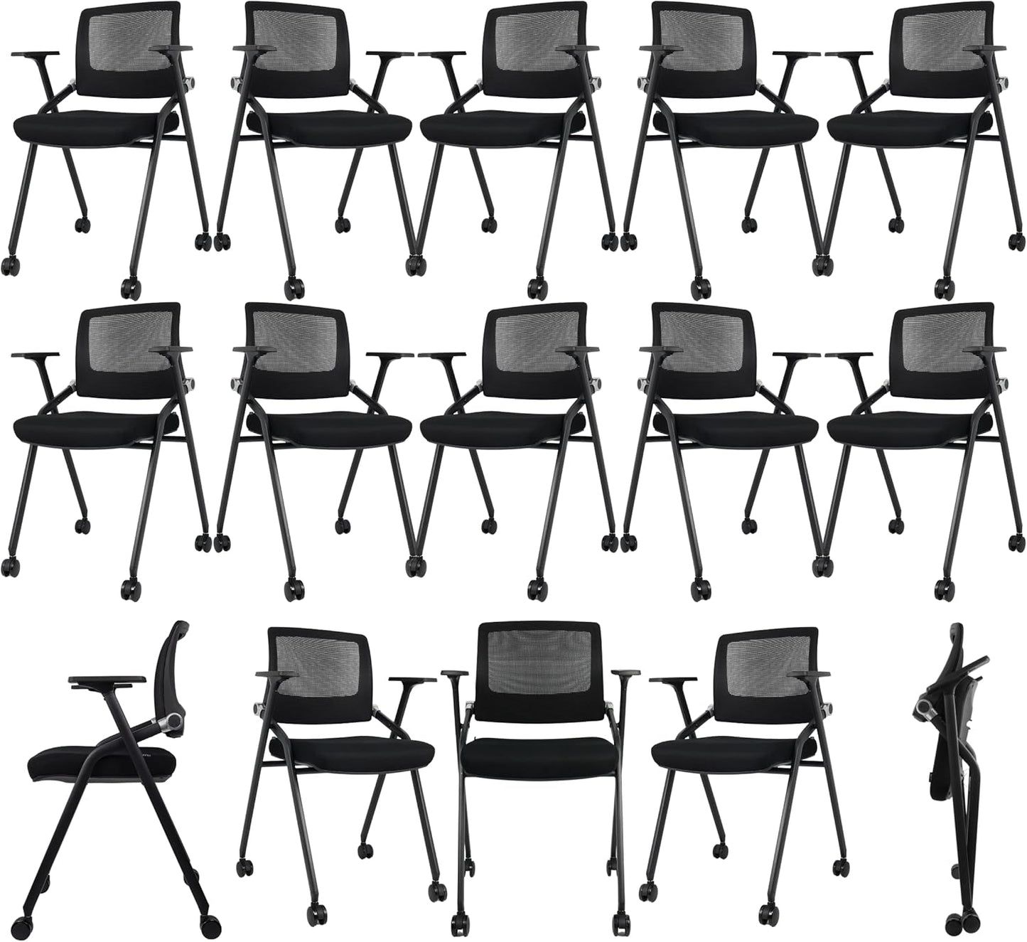 40 Pack, Foldable Office Chairs with Wheels, Mesh Back, Arms and Portable - Folding Office Chairs Stackable for Conference Room Chair, Office Guest & Reception & Meeting Chair - (Black) 300 lbs.