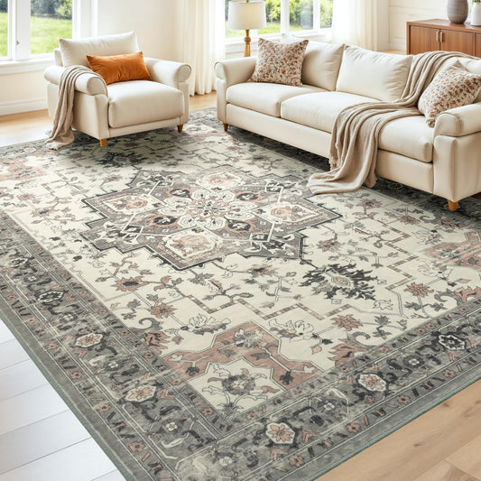 9x12 Area Rugs for Living Room, Machine Washable Non Slip Carpet, Large Vintage Floral Aesthetic Rug, Bedroom Decor, Taupe, Brown/Beige/Cream