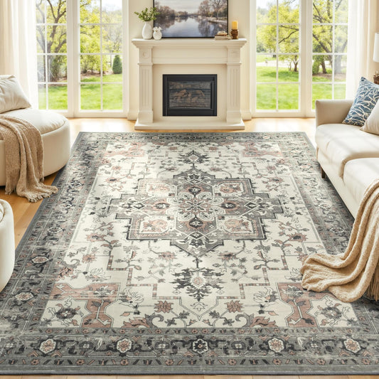 9x12 Area Rugs for Living Room, Machine Washable Non Slip Carpet, Large Vintage Floral Aesthetic Rug, Bedroom Decor, Taupe, Brown/Beige/Cream